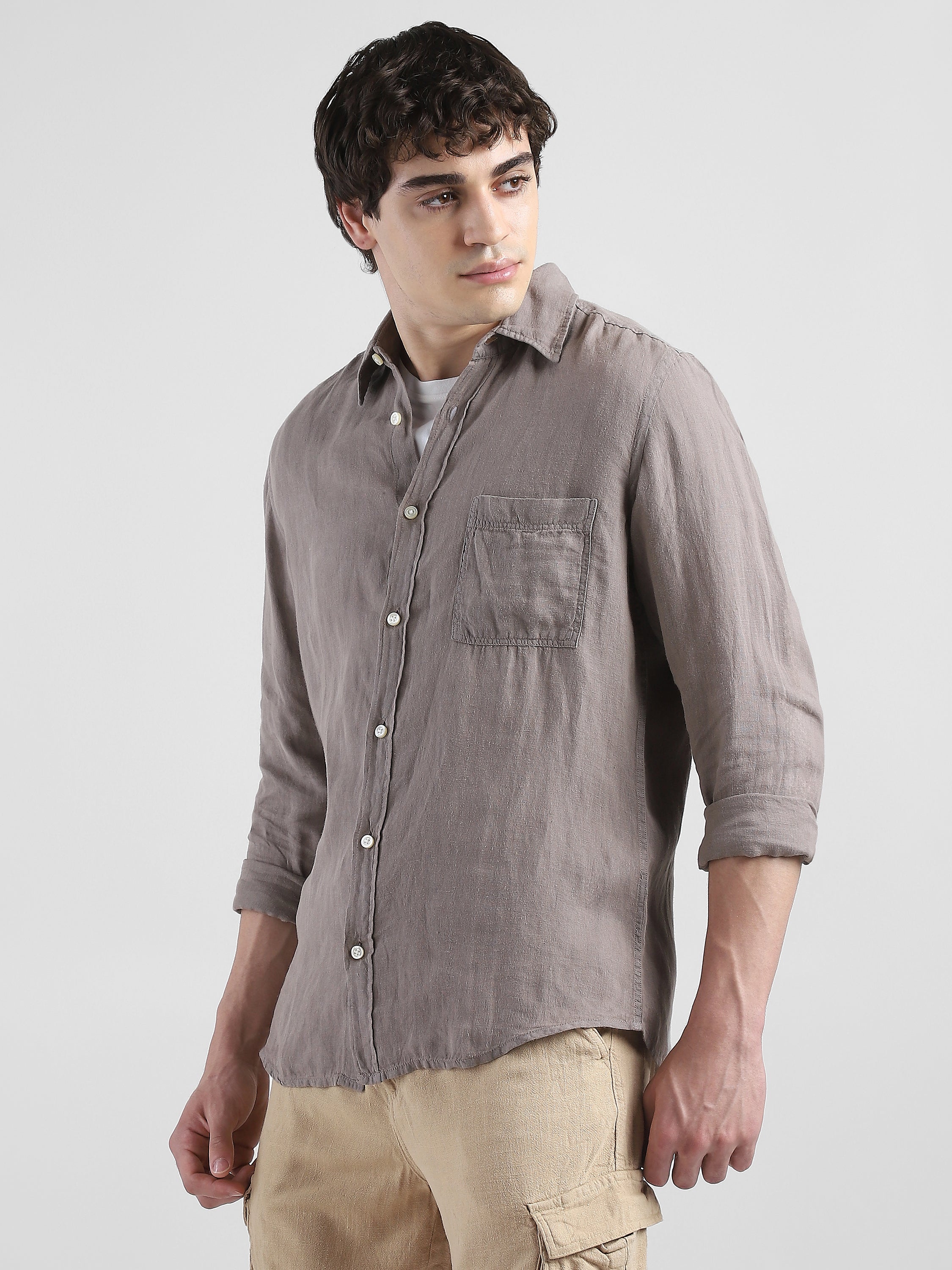 Men 100% Linen Brown Regular Fit Shirt