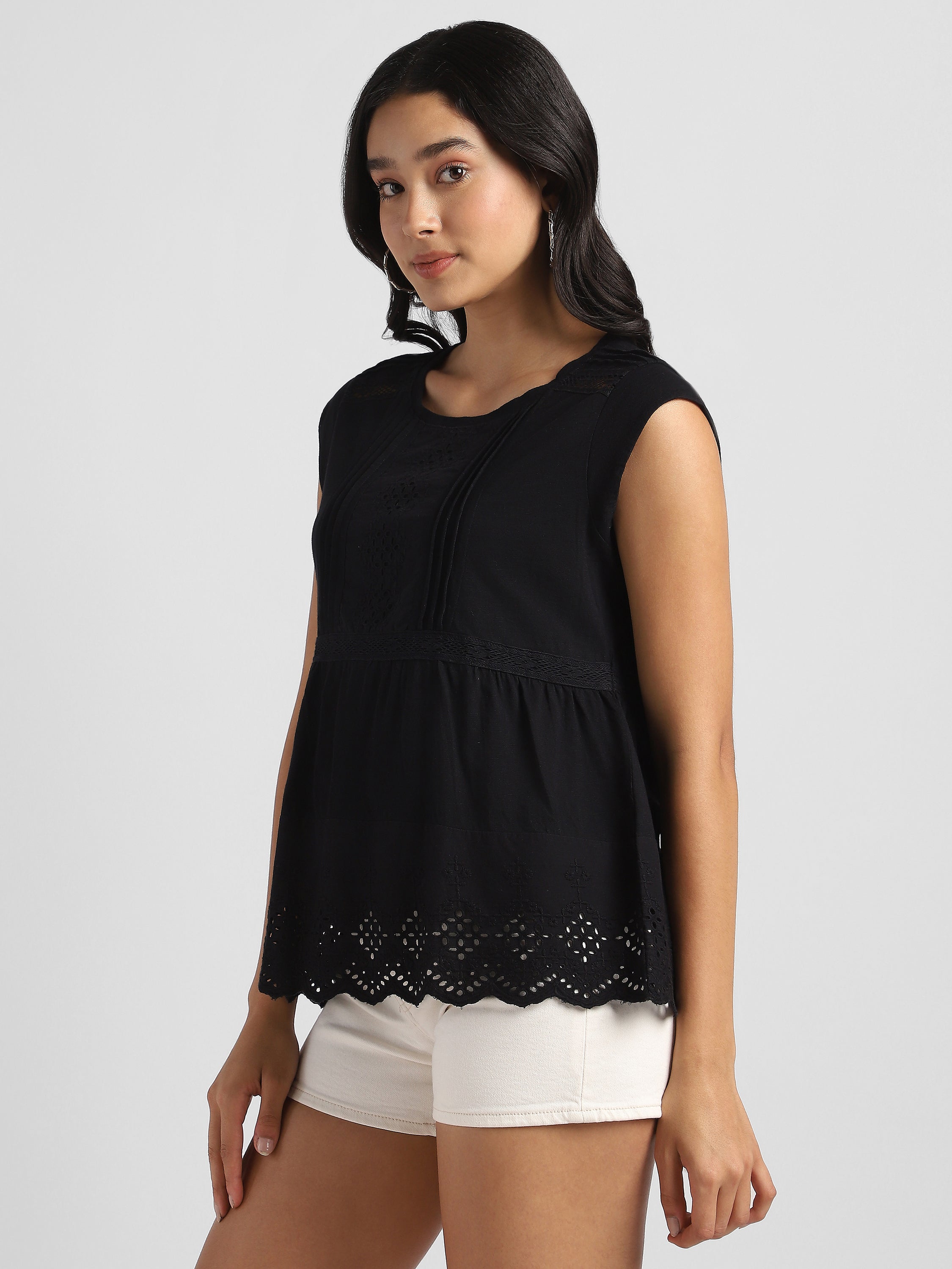 Women Black Embroidered Top with Shiffli  Inserts
