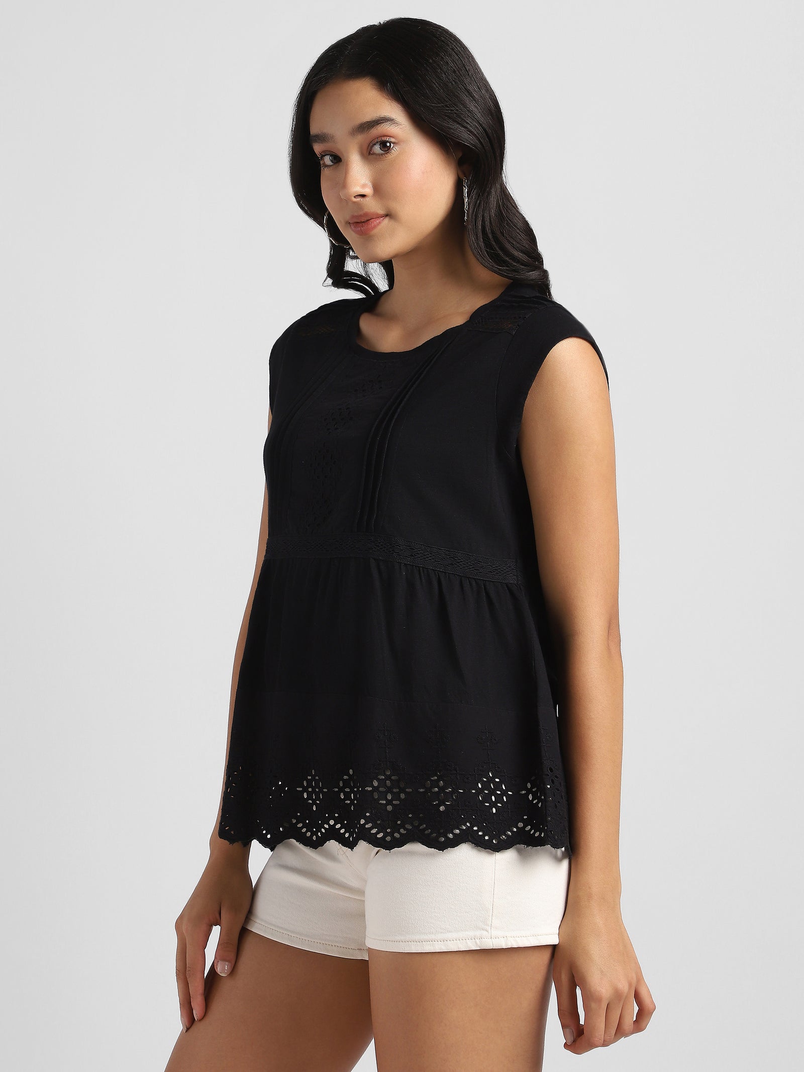 Women Black Embroidered Top with Shiffli  Inserts
