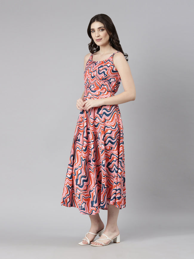 Women Cream Abstract Print Fit & Flare Midi Dress