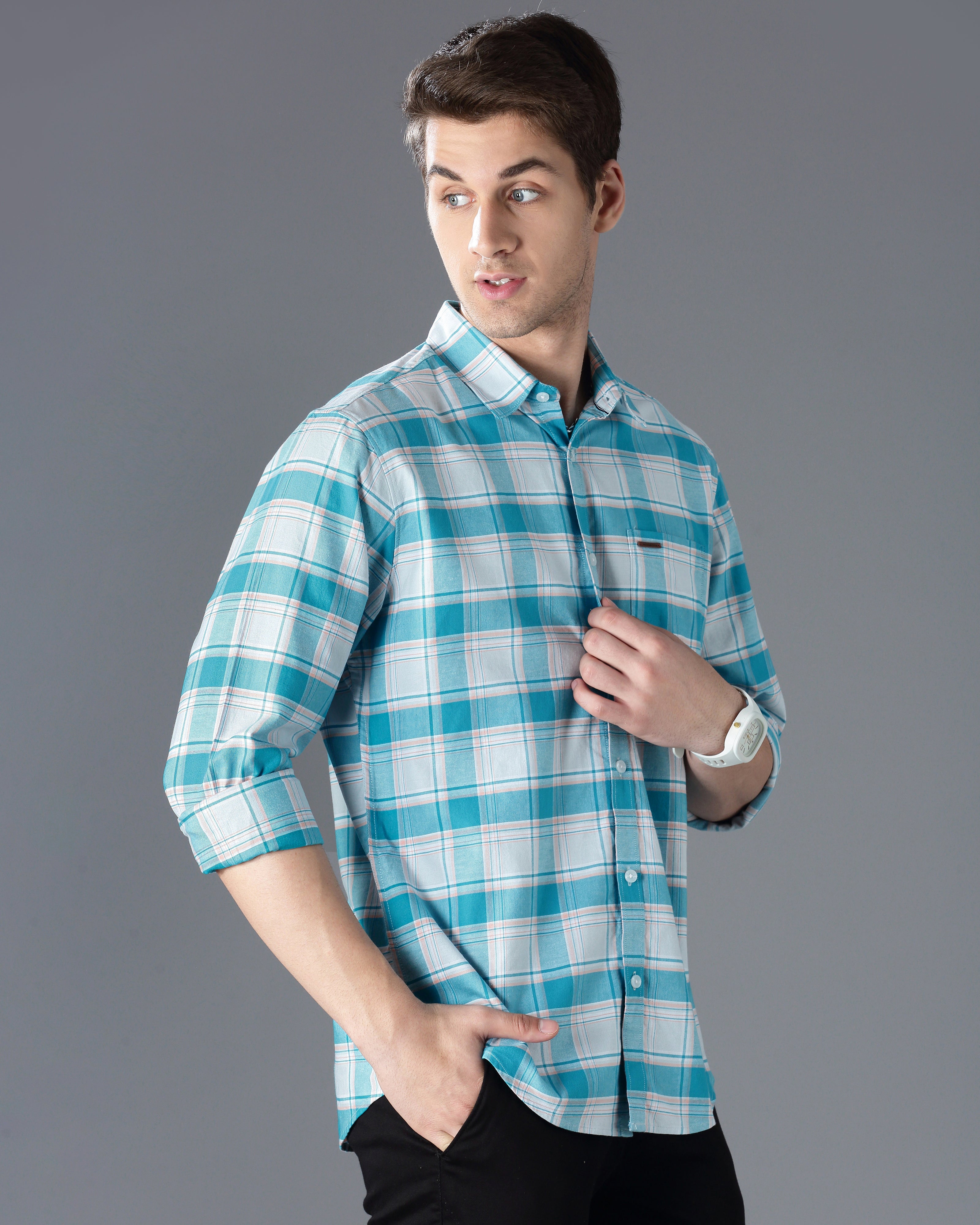 Men Blue Cotton Slim Shirt