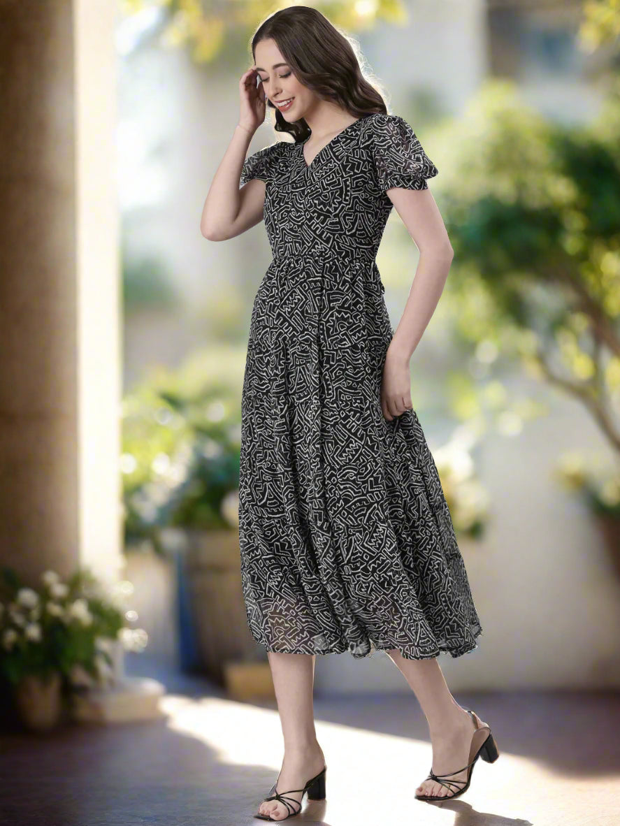 Women Black Floral Chiffon Maxi Dress