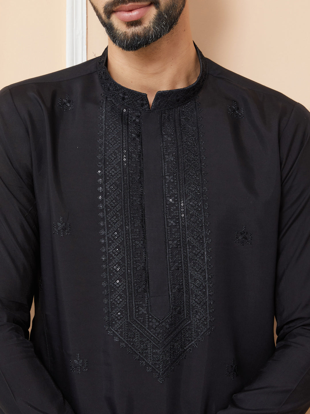 Men Black Embroidered Chanderi Silk Straight Kurta