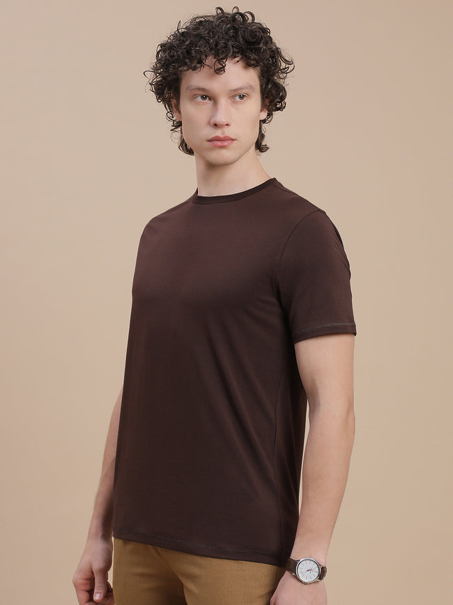 Men Brown Basic Crew Neck T-Shirt