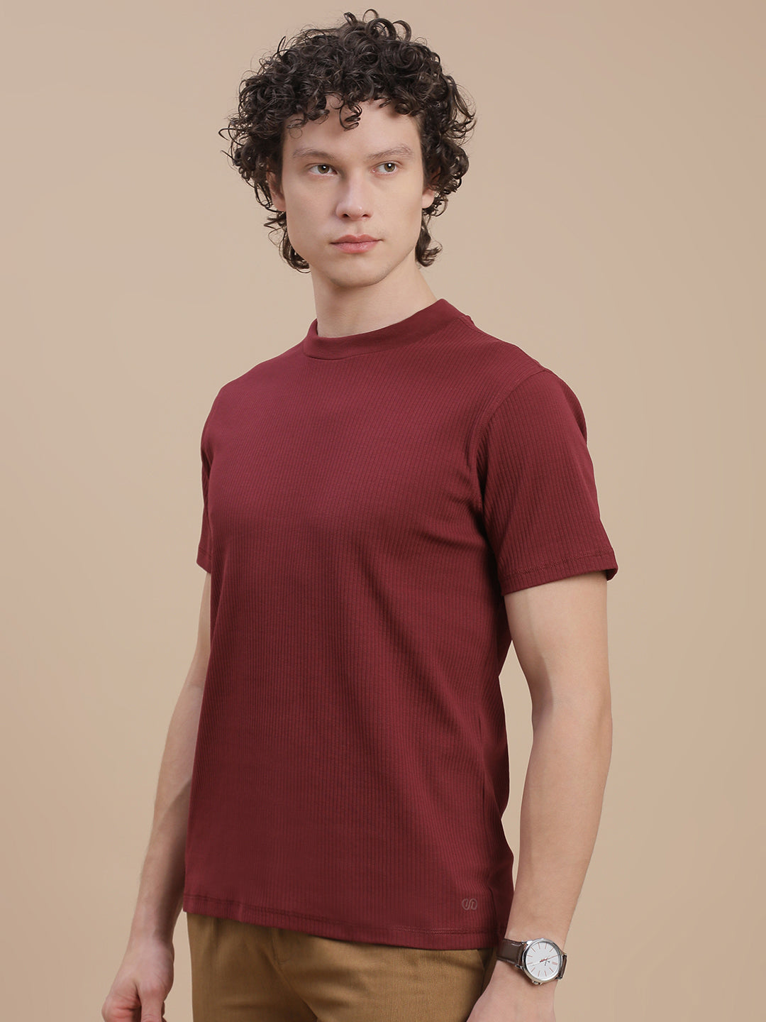 Men Burgundy High Neck Tee