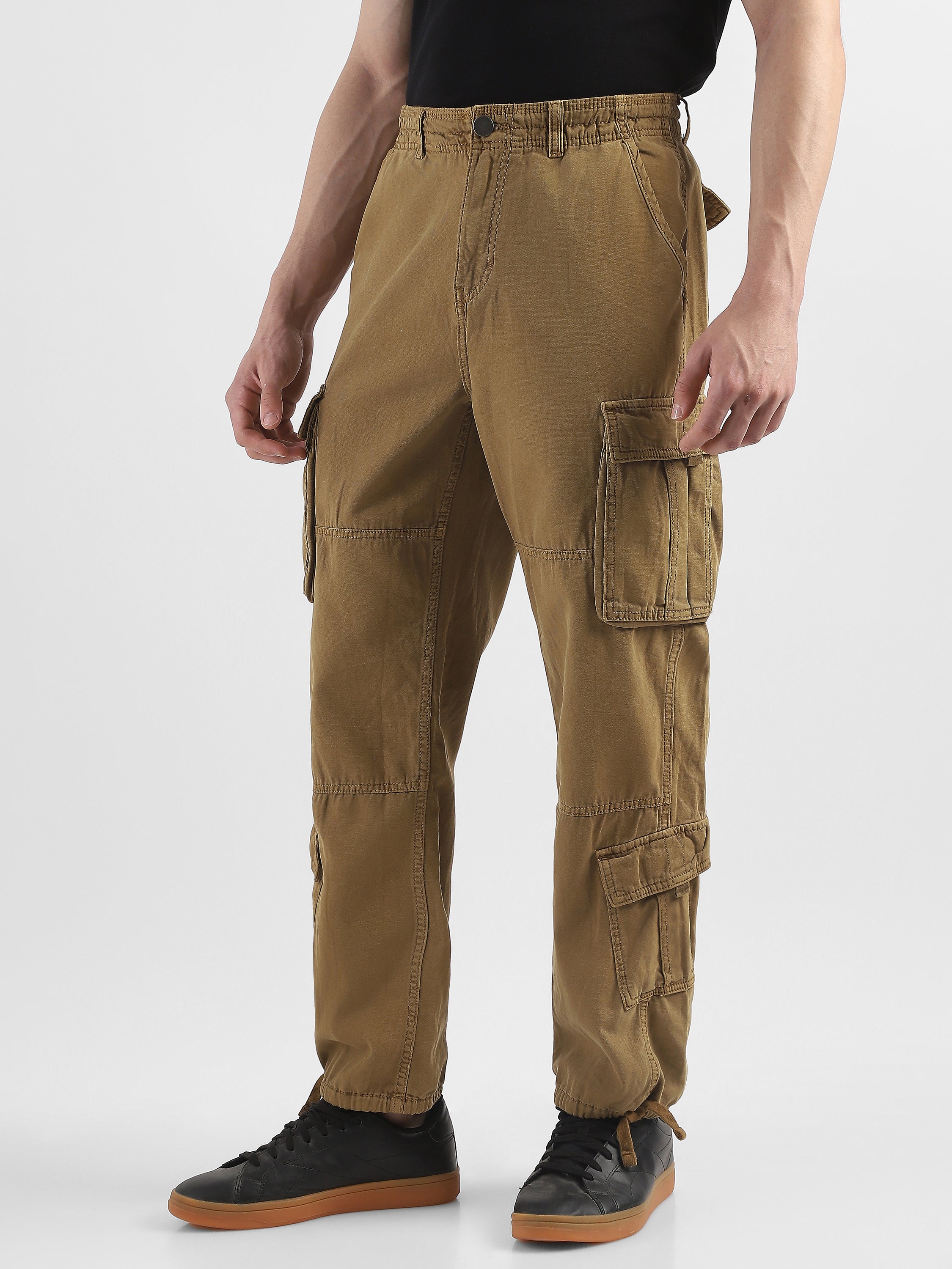 Men Khaki Cotton Blend Cargo Pants with 8 Pockets