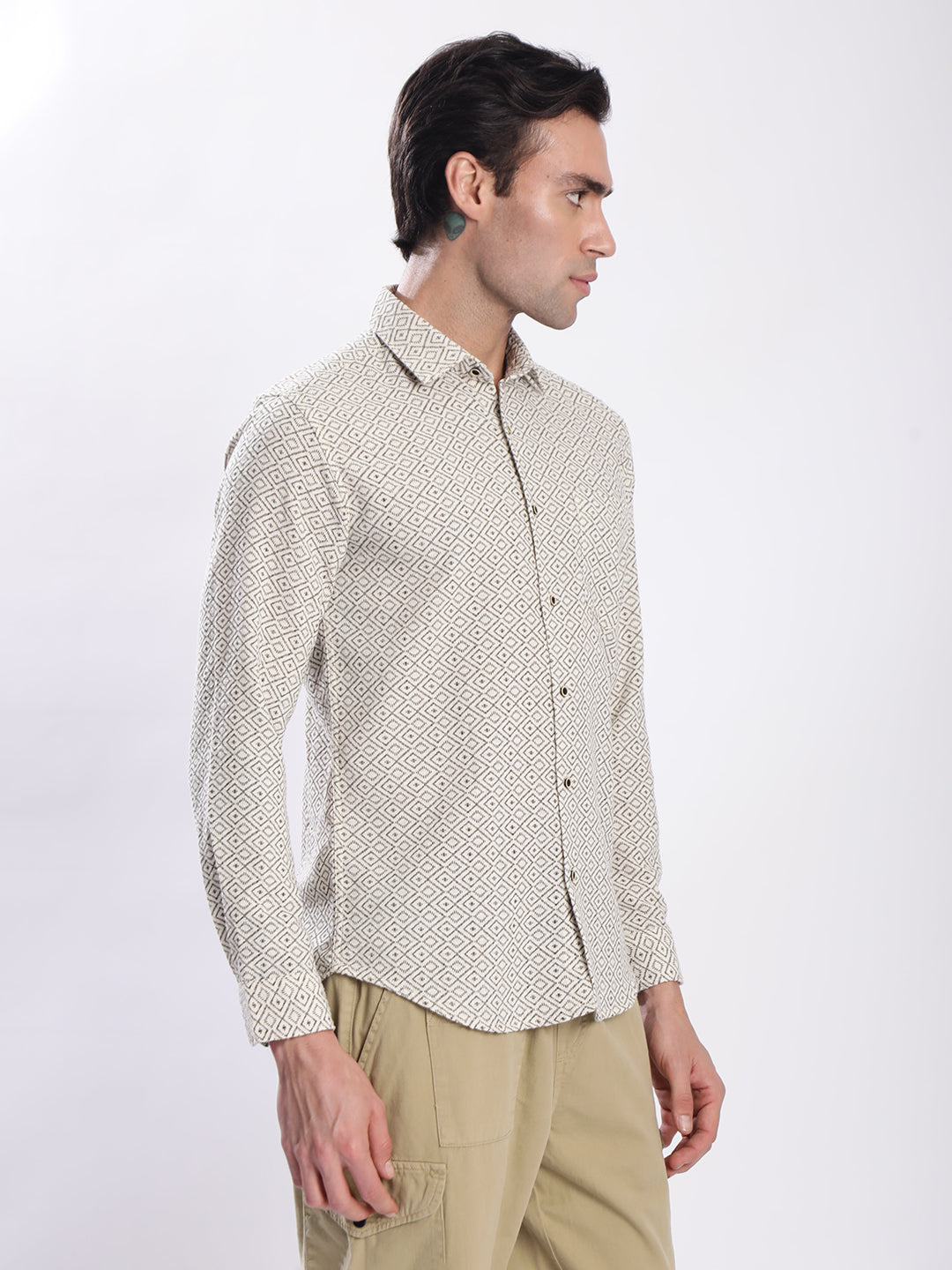 Men Beige Geometric Print Single Pocket Shirt