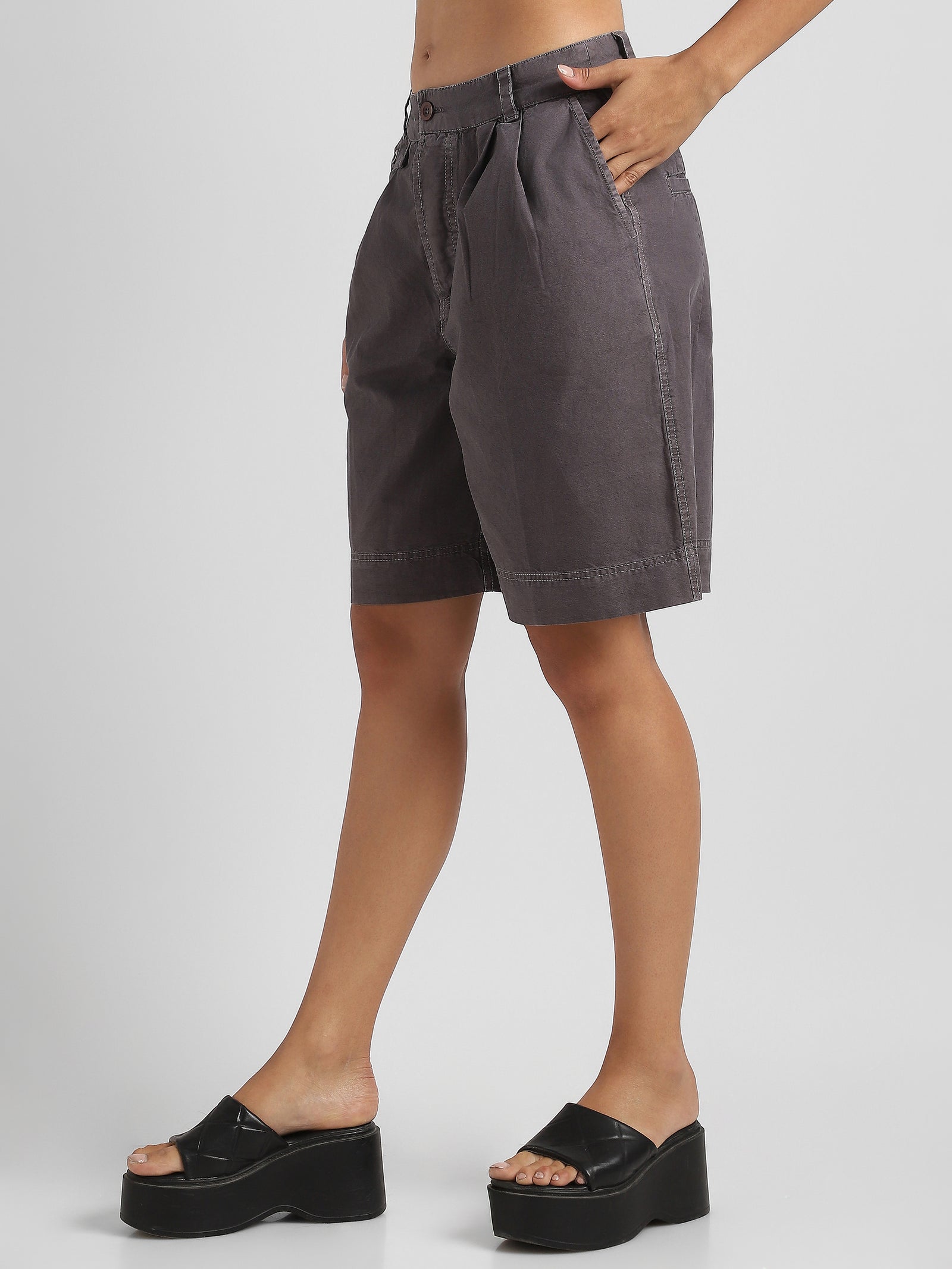 Women Grey Regular Fit High Waist shorts