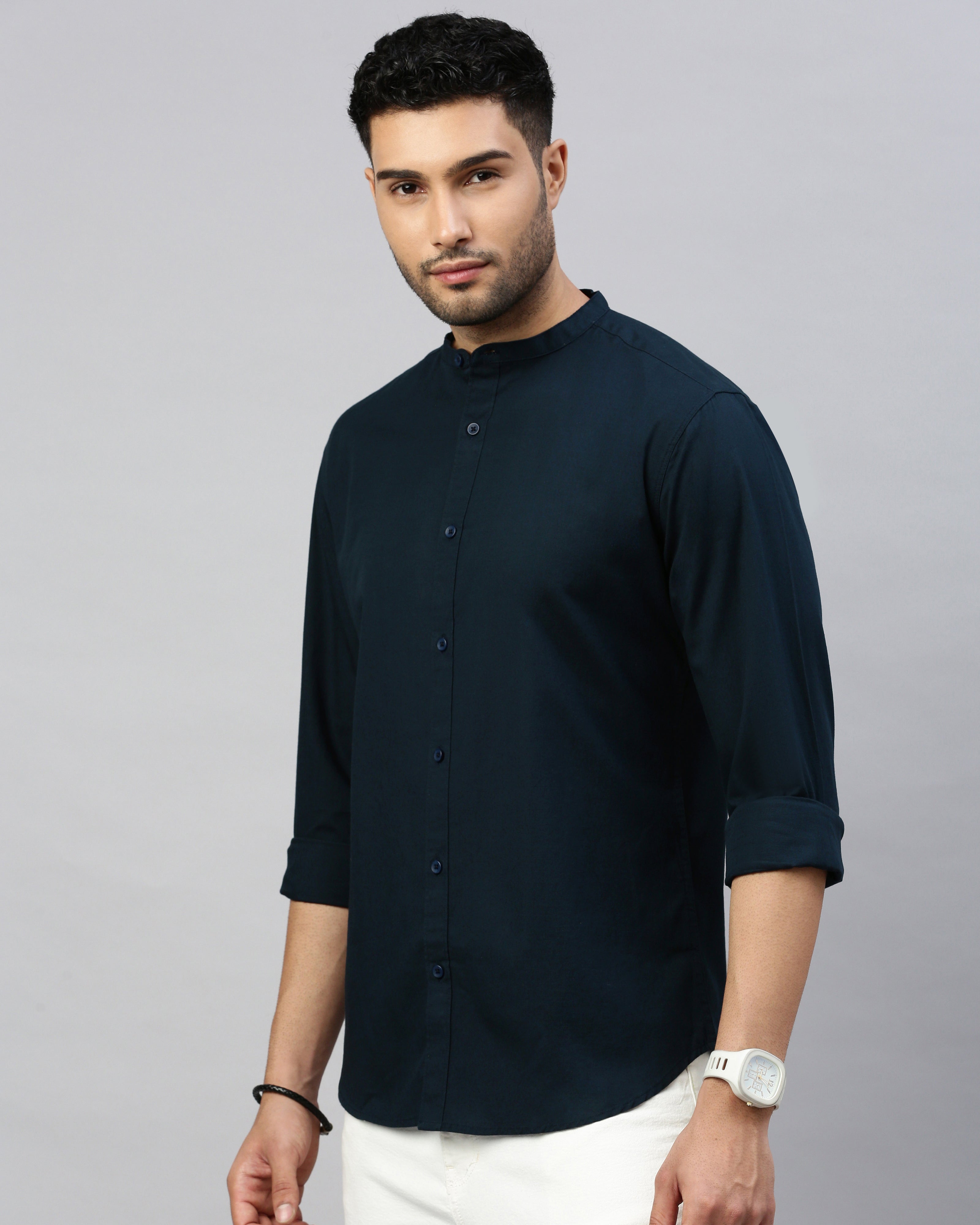 Men Navy Blue Cotton Slim Shirt