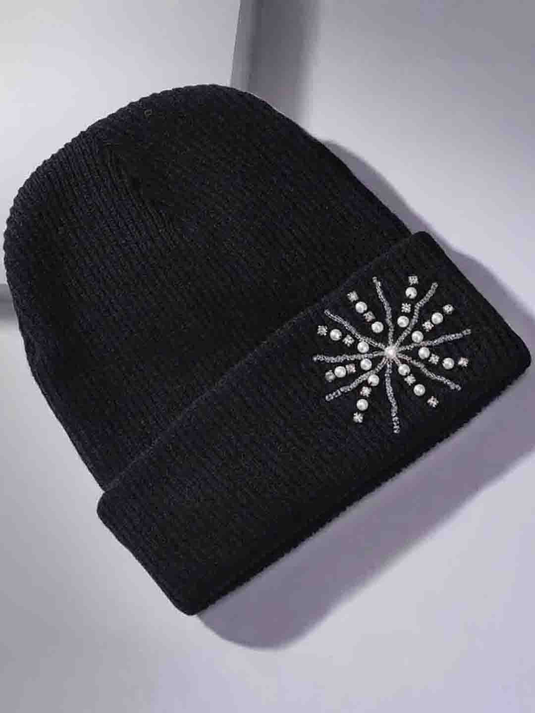 Black Beanie with Pearls & Crystals