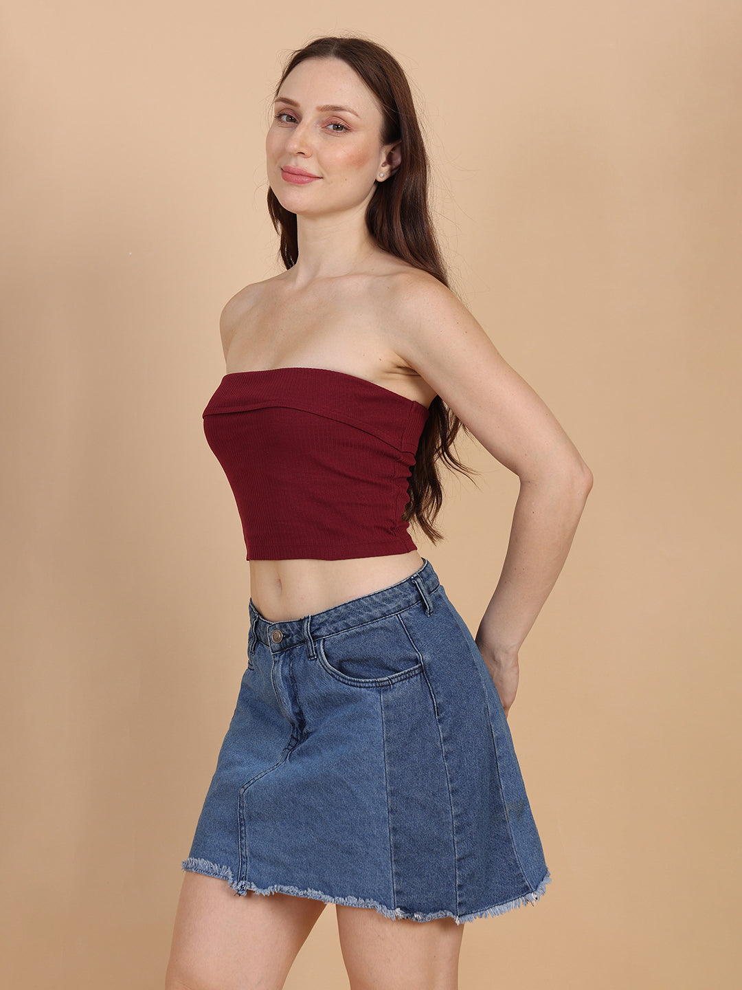 Women Burgundy Over Fold Tube Top