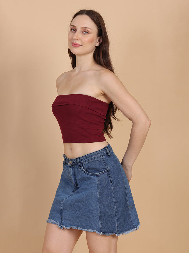 Women Burgundy Over Fold Tube Top