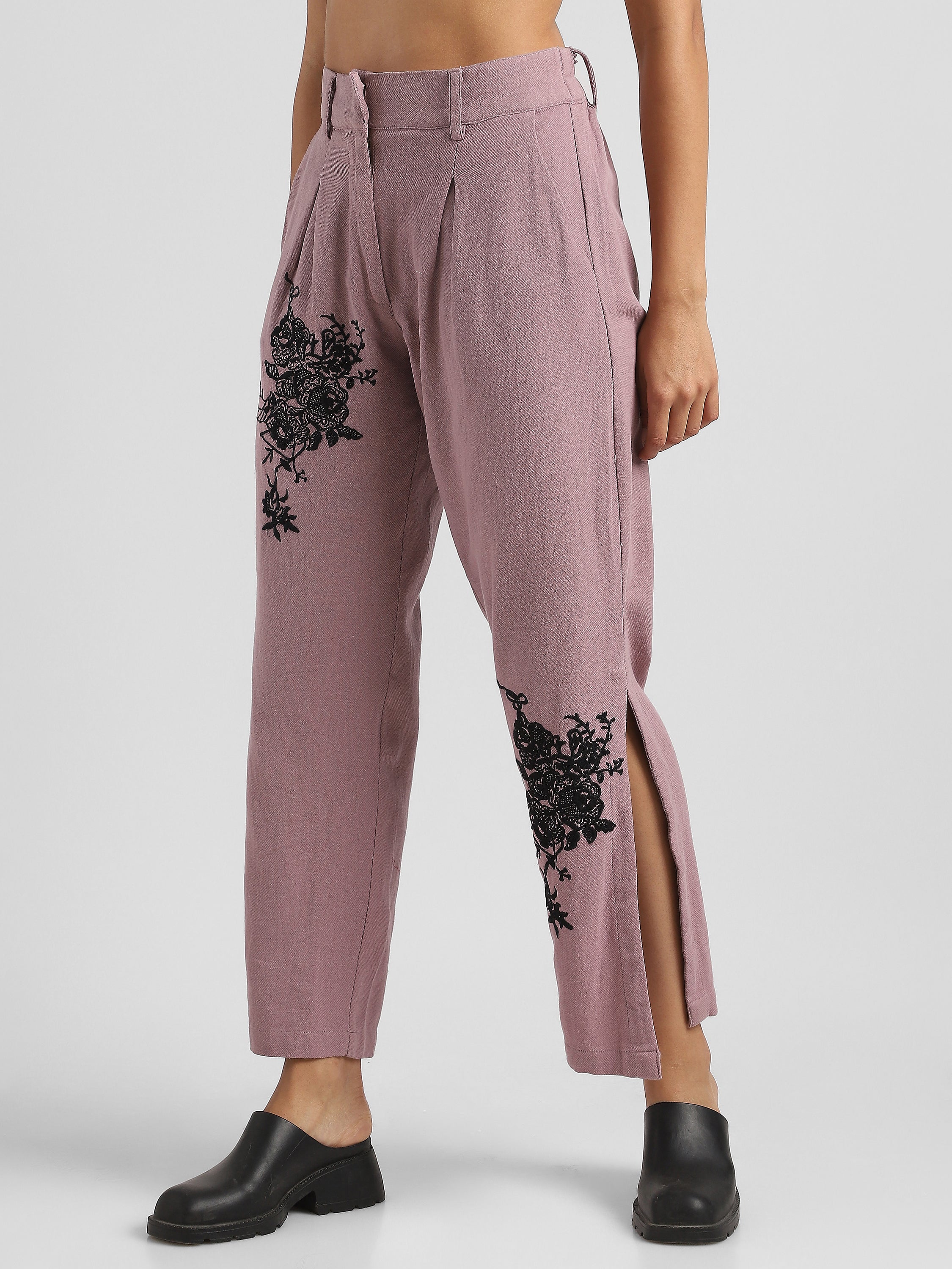 Women Pink Embroidered Pants with Slit