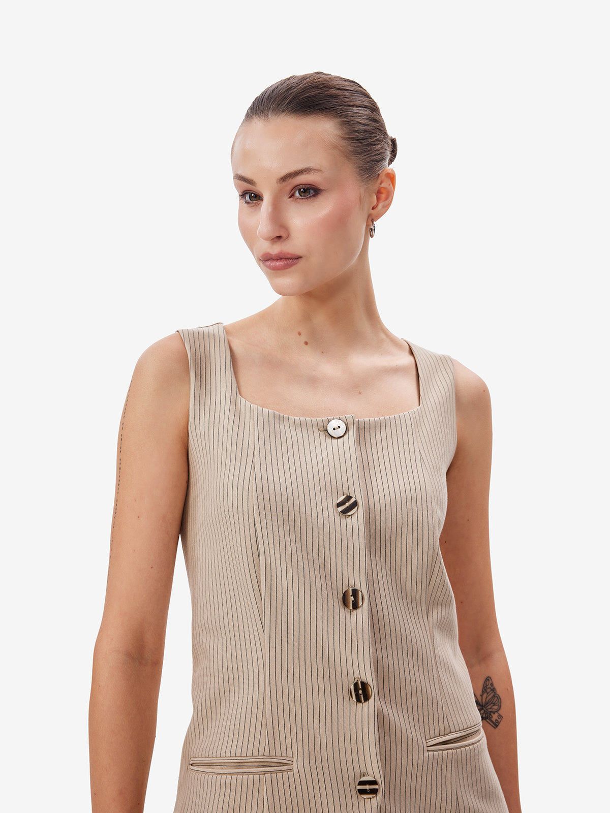 Women Khaki Striped Tailored Waistcoat