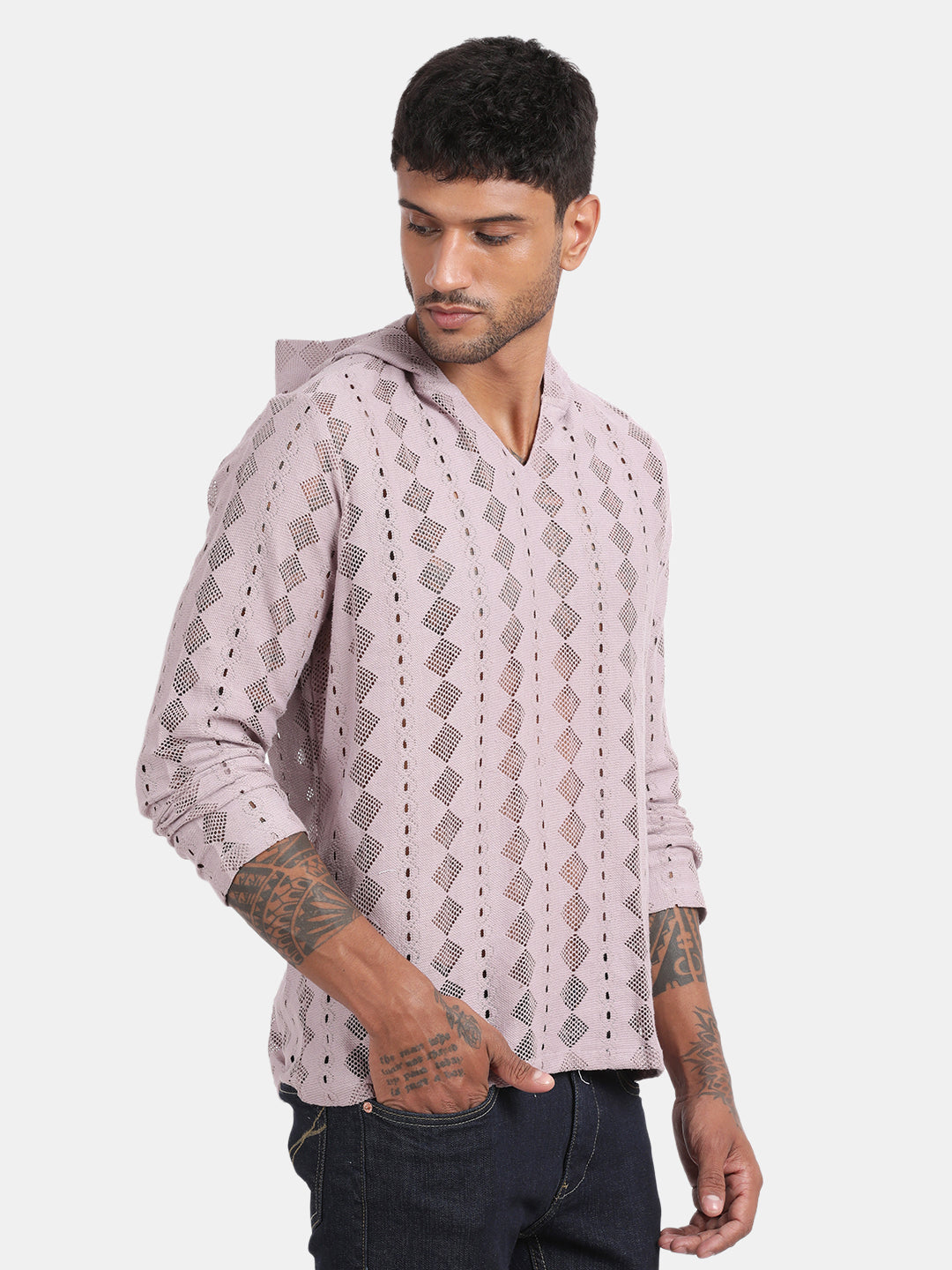 Men Pink Regular Fit Spread Collar Full Sleeve Hoodie