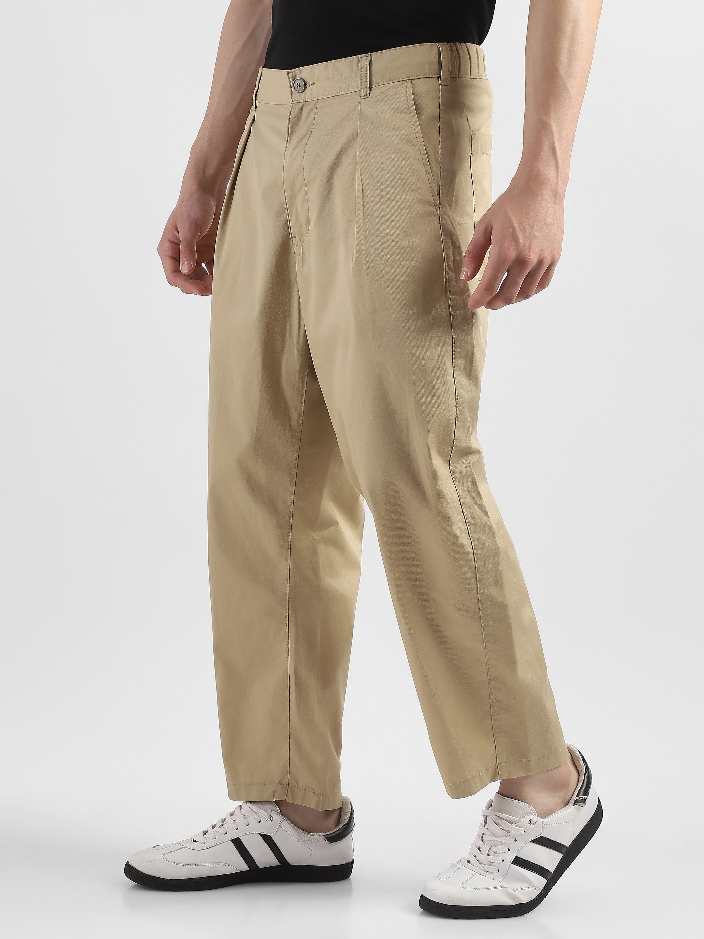 Men Beige Pleated Mid Rise Comfort Fit Trousers