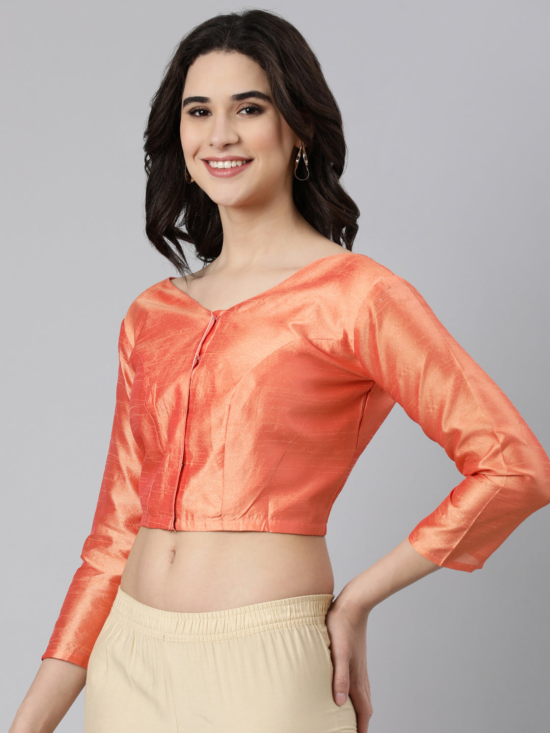 Peach Solid Three-Quarter Sleeves V-Neck Dupion Silk Knot Blouse