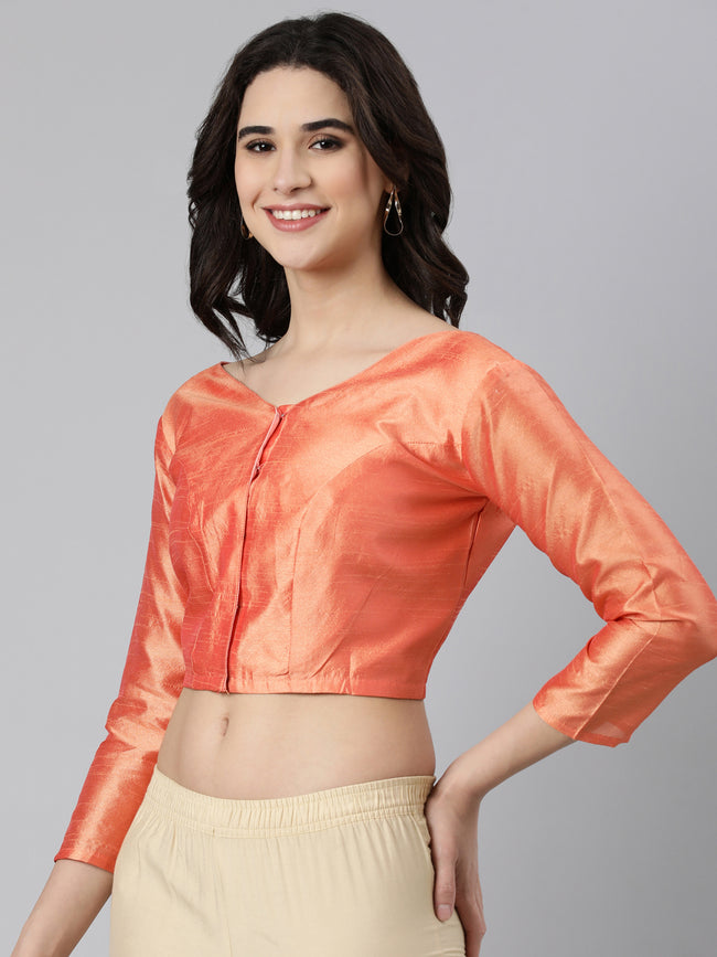 Peach Solid Three-Quarter Sleeves V-Neck Dupion Silk Knot Blouse