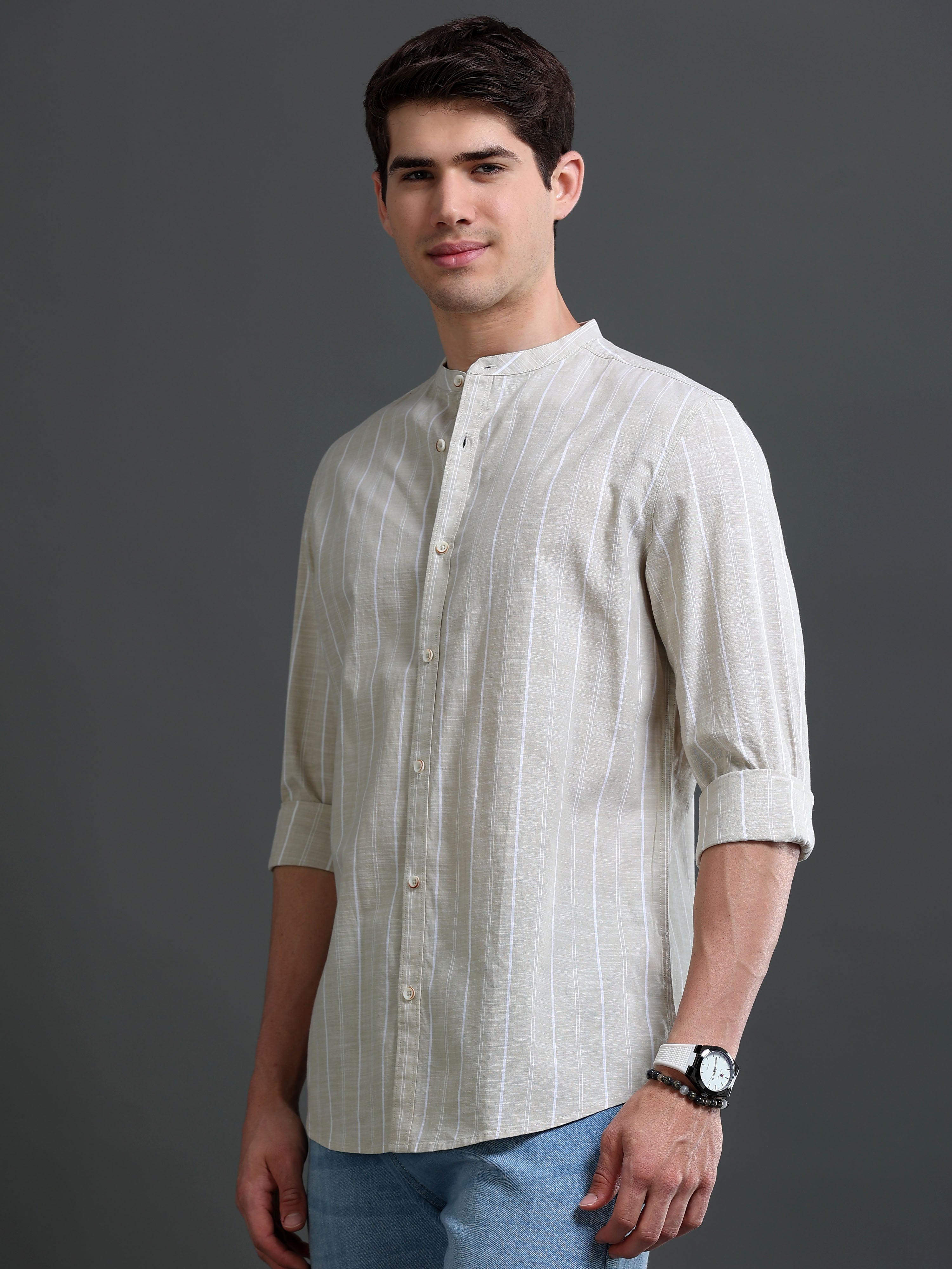 Men Beige Striped Cotton Shirt