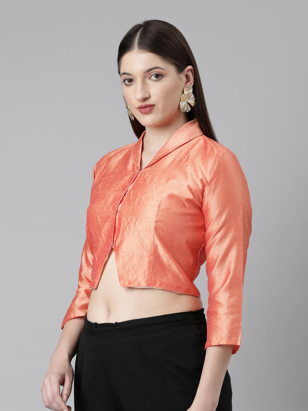 Peach Solid Three-Quarter Sleeves Mandarin Collar Dupion Silk Knot Blouse