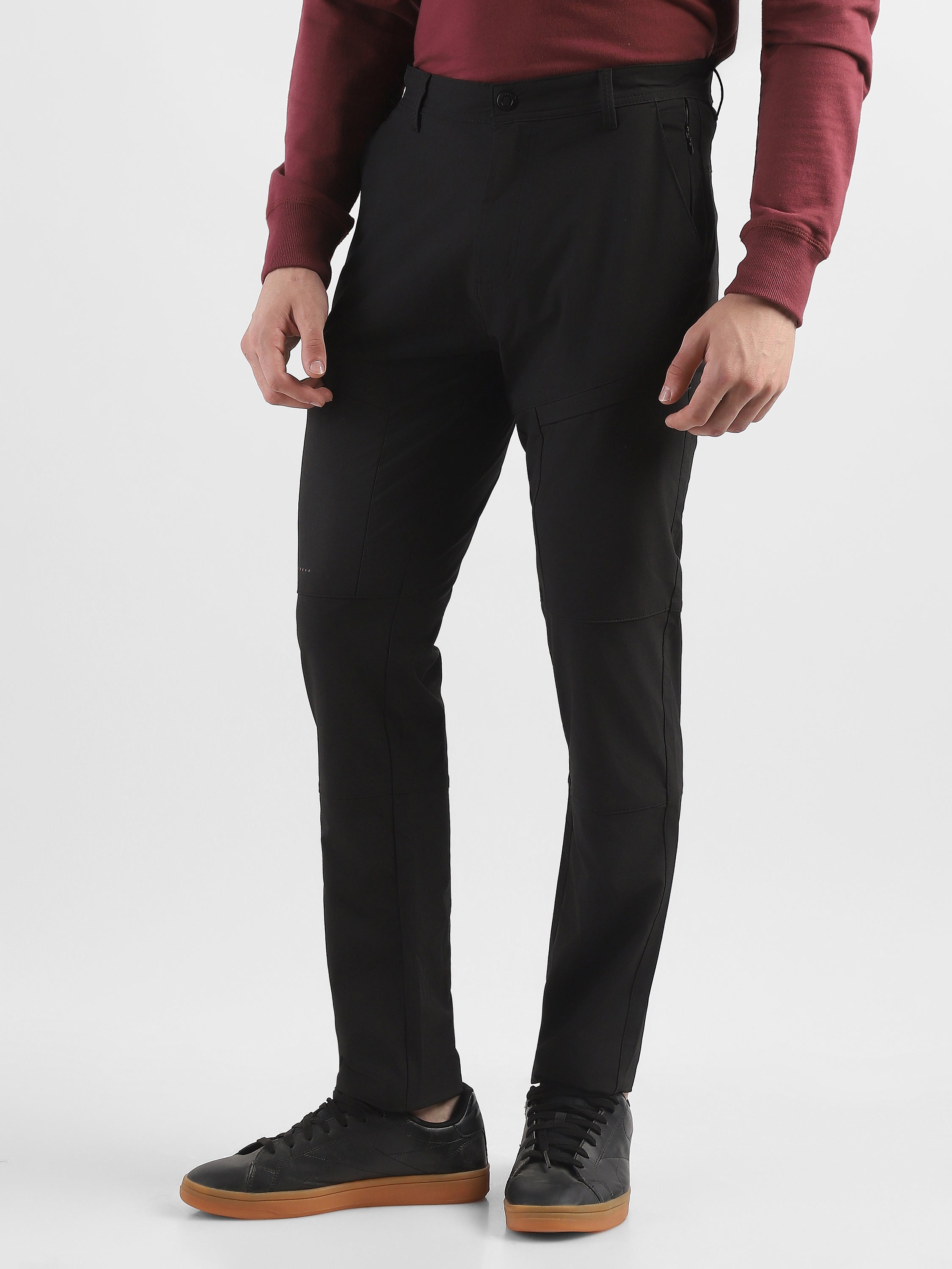 Men Black Polyester Blend Pants with 5 Pockets