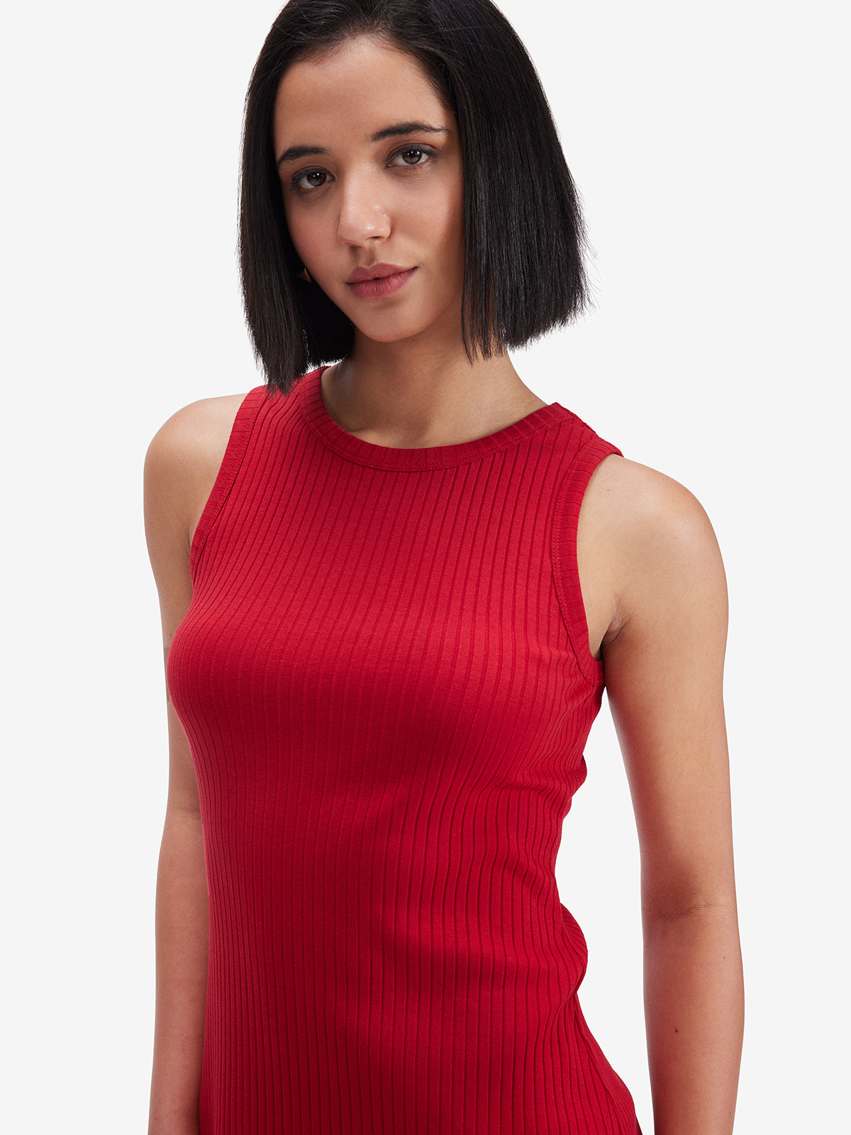 Women Red Ribbed Side Slit Midi Dress