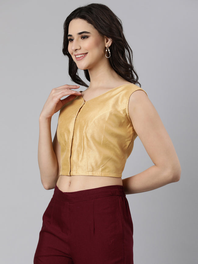 Beige Solid Sleeveless V-Neck Dupion Silk Knot Blouse