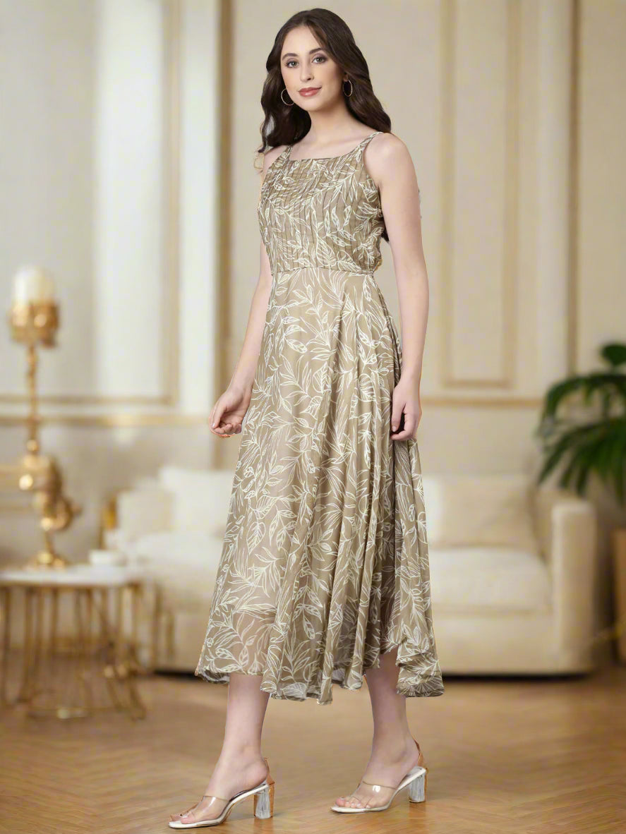 Women Beige Floral Chiffon Dress