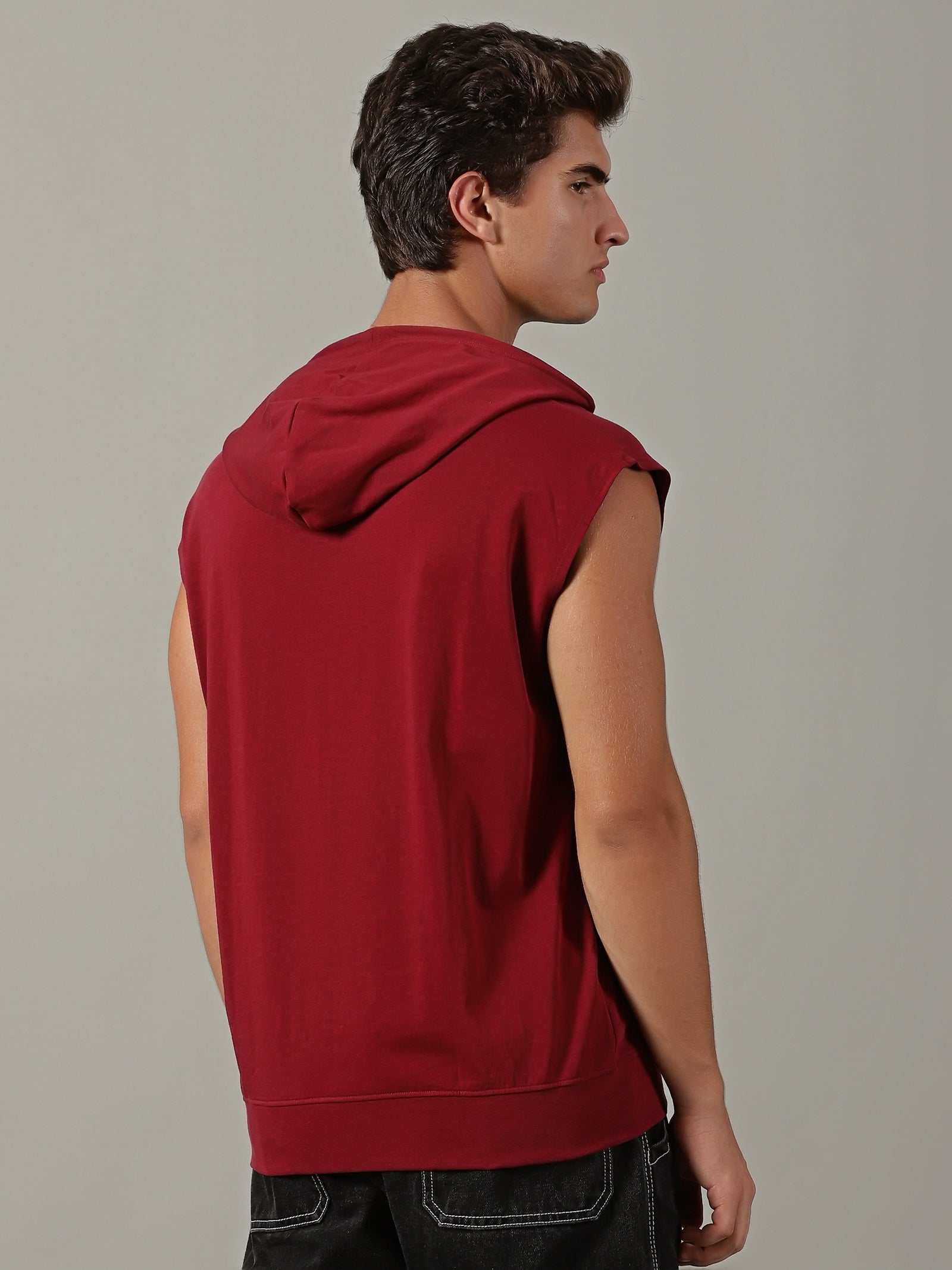 Men Burgundy Sleeveless Hoodie
