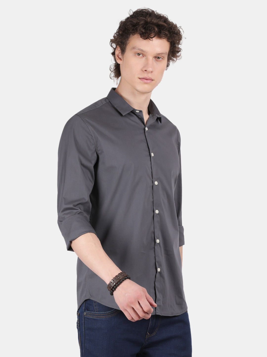 Men Dark Grey Slim Fit Spread Collar Full Sleeve Casual Shirt