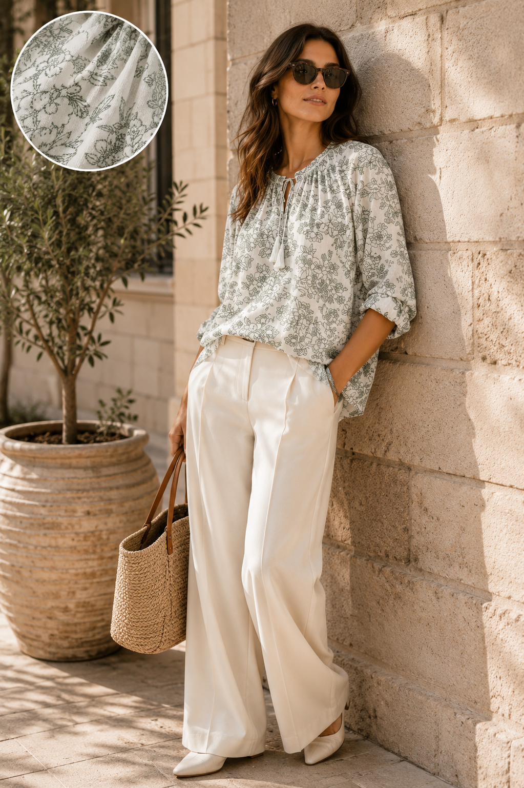 Women Floral Tie-Neck Top In Sage
