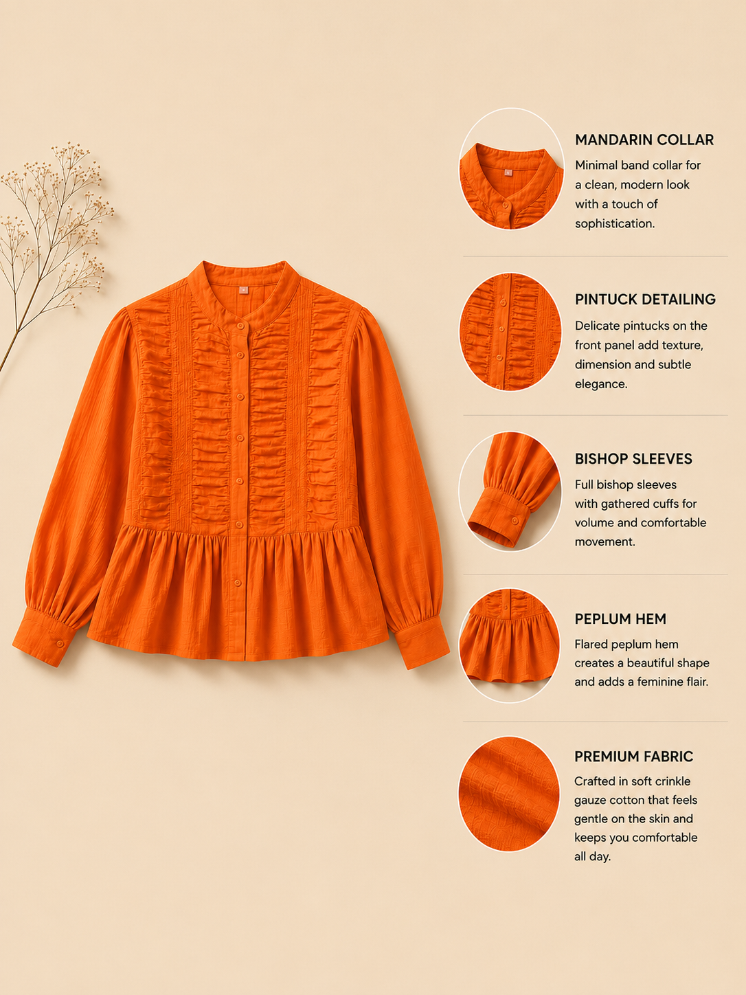 Women Orange Ruffle Front Peplum Top