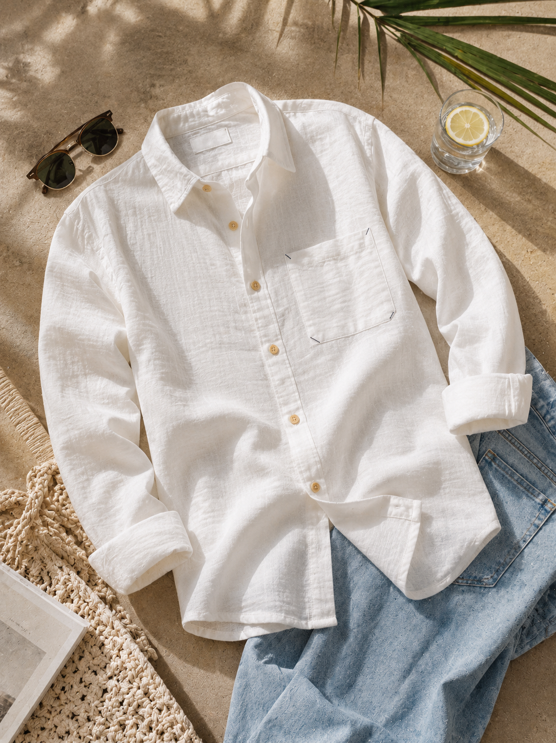 Men White Double Cloth Long Sleeve Shirt