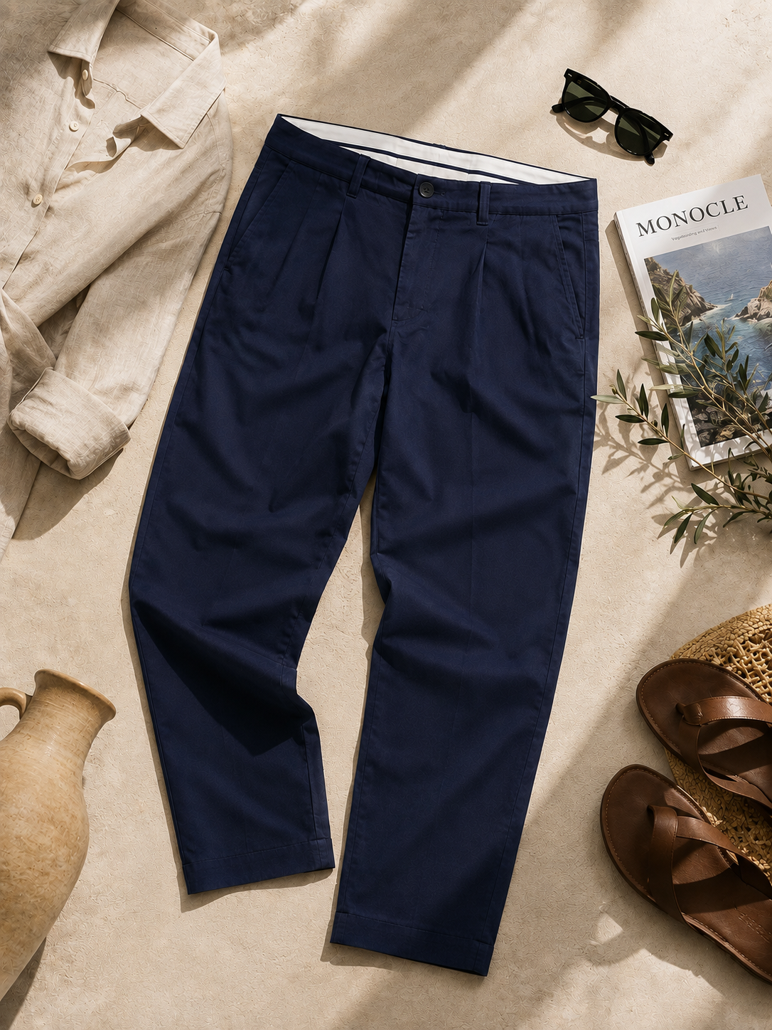 Men Navy Pleated Tailored Trousers