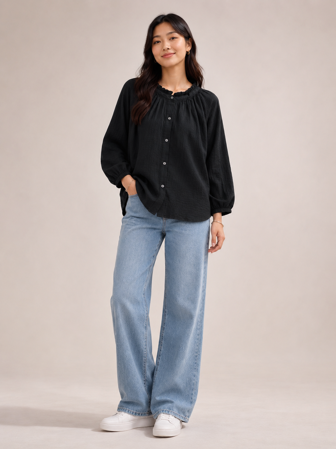Women Black Ruffle Neck Top