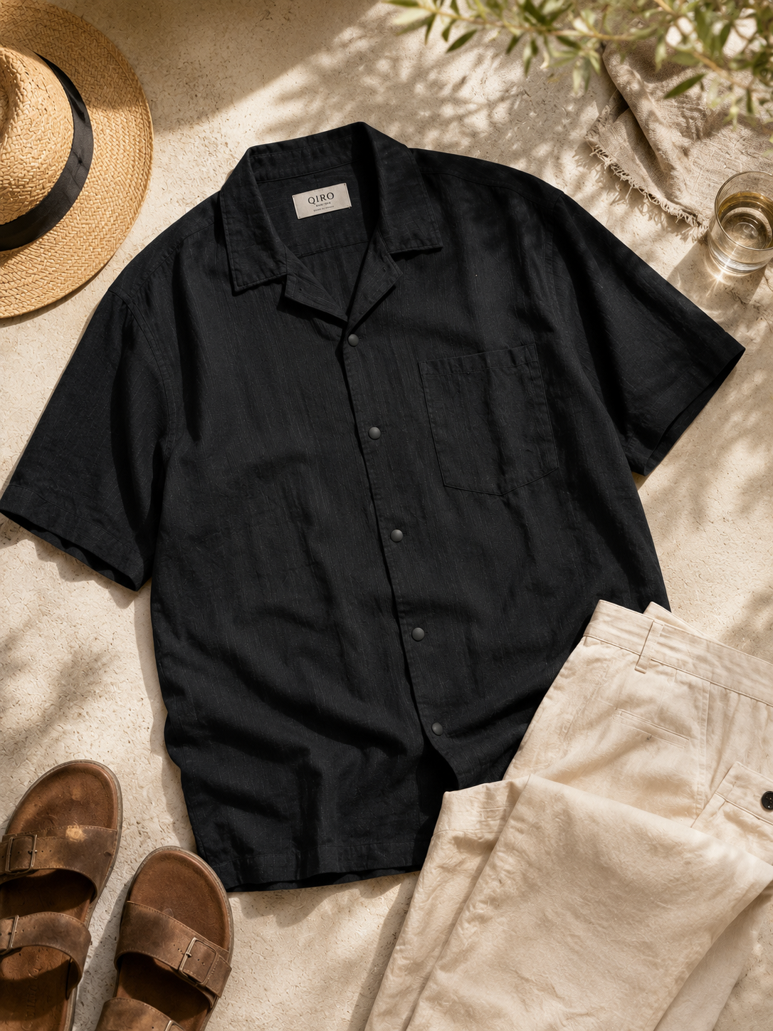 Men Black Textured Camp Collar Shirt