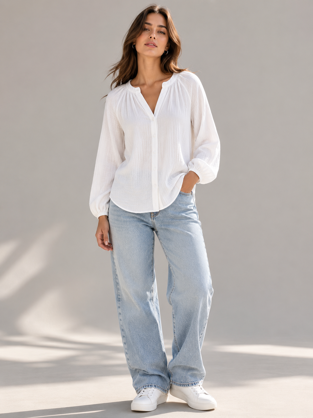 Women White Balloon Sleeve Relaxed Shirt