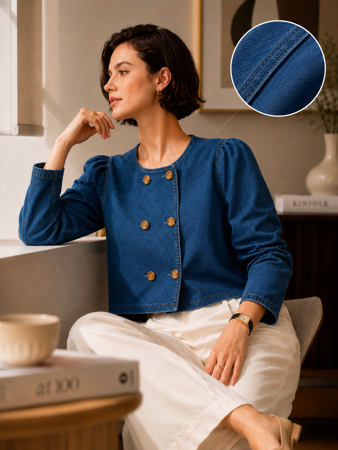 Women Indigo Denim Puff Sleeve Jacket