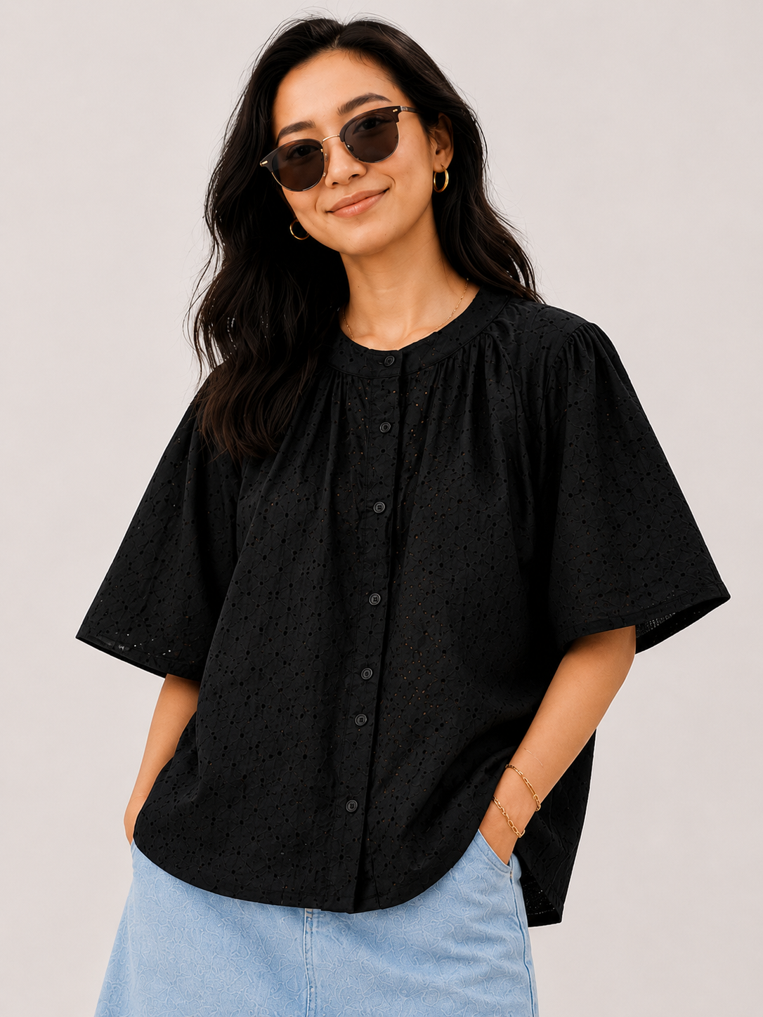 Women Black Broderie Flutter Sleeve Top