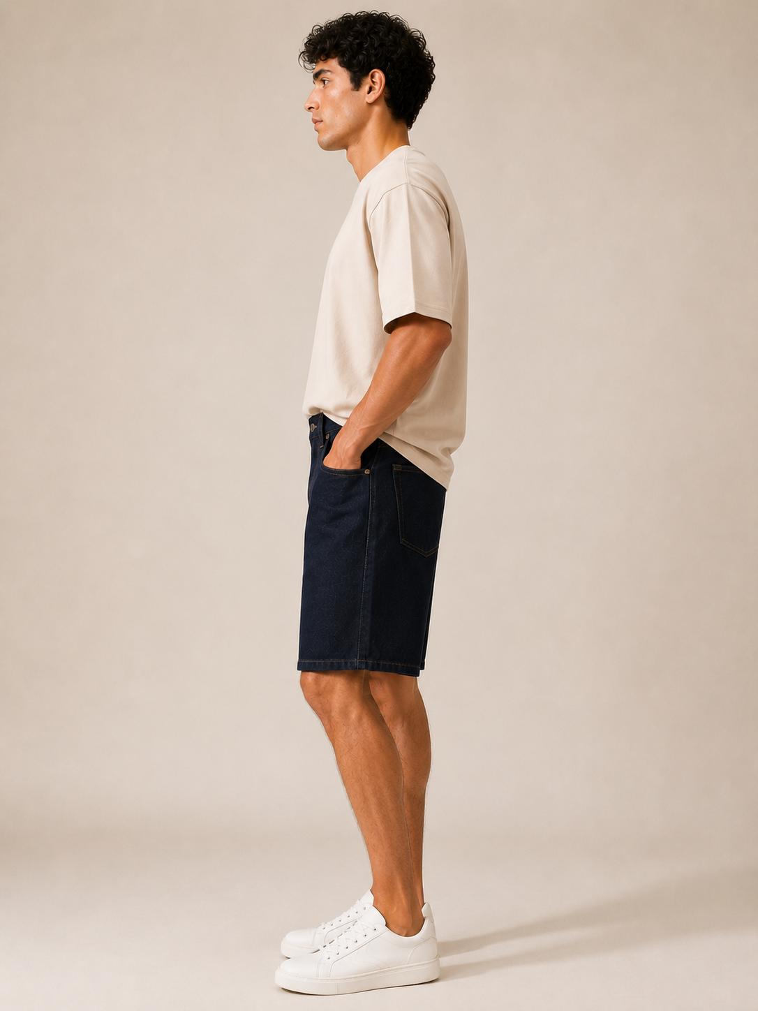 Men Navy Washed Denim Shorts
