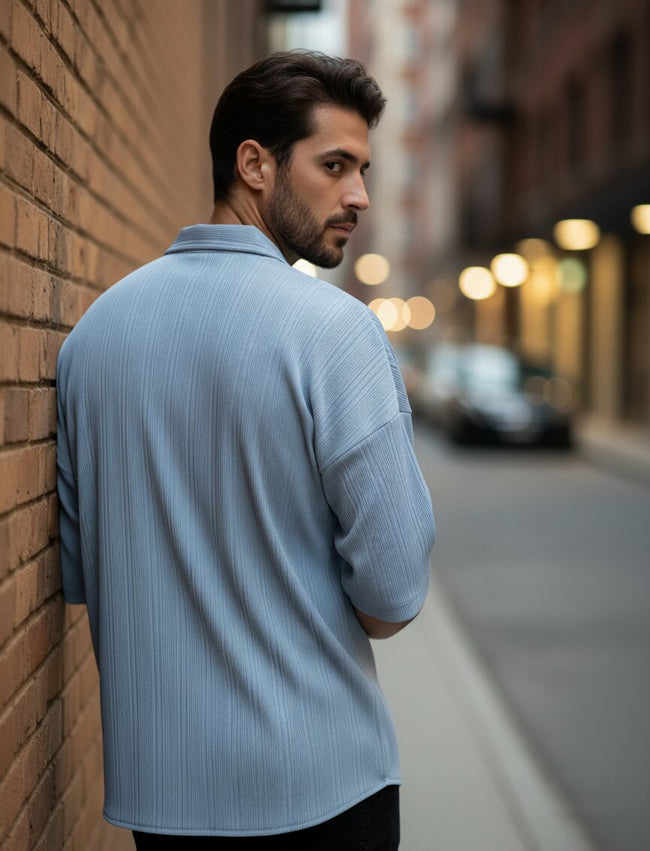 Men Blue Button Down Collar Shirt