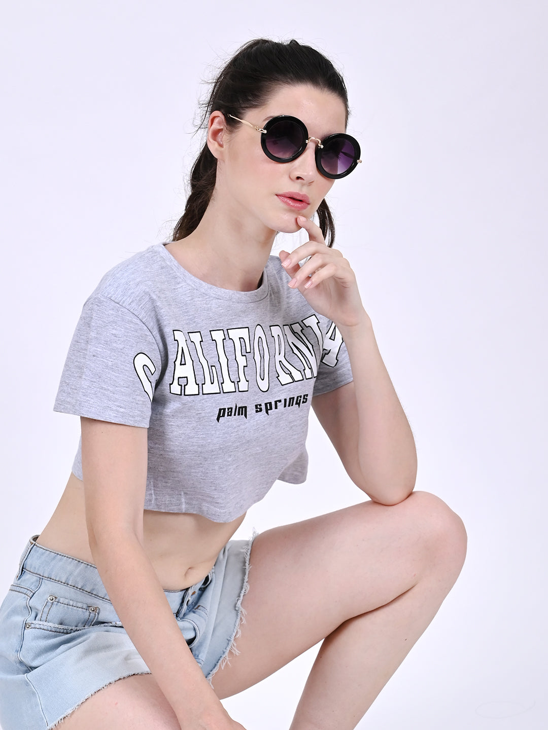 Women Grey Short Sleeve Crop T-Shirt