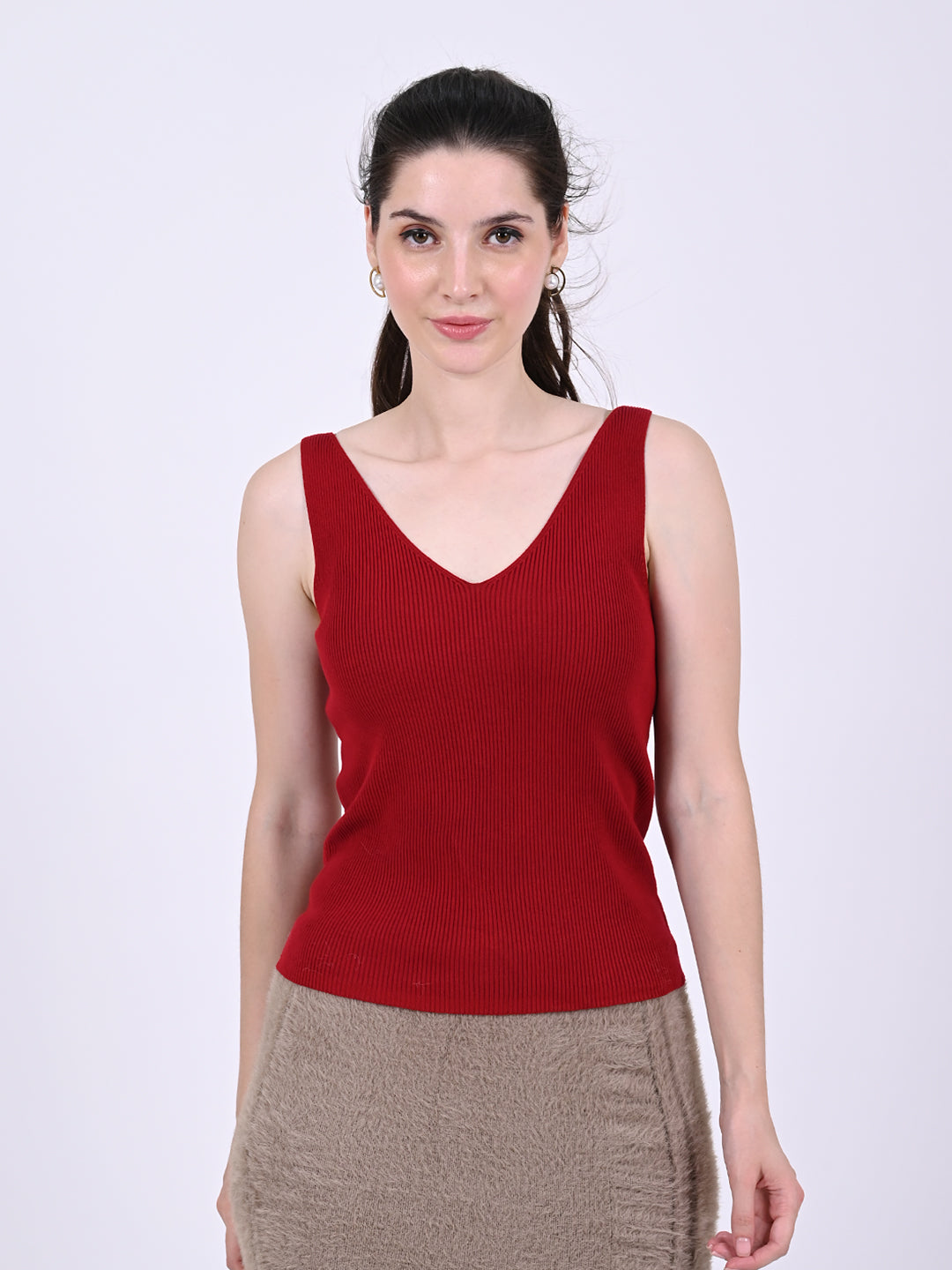 Women Red V-Neck Ribbed Top