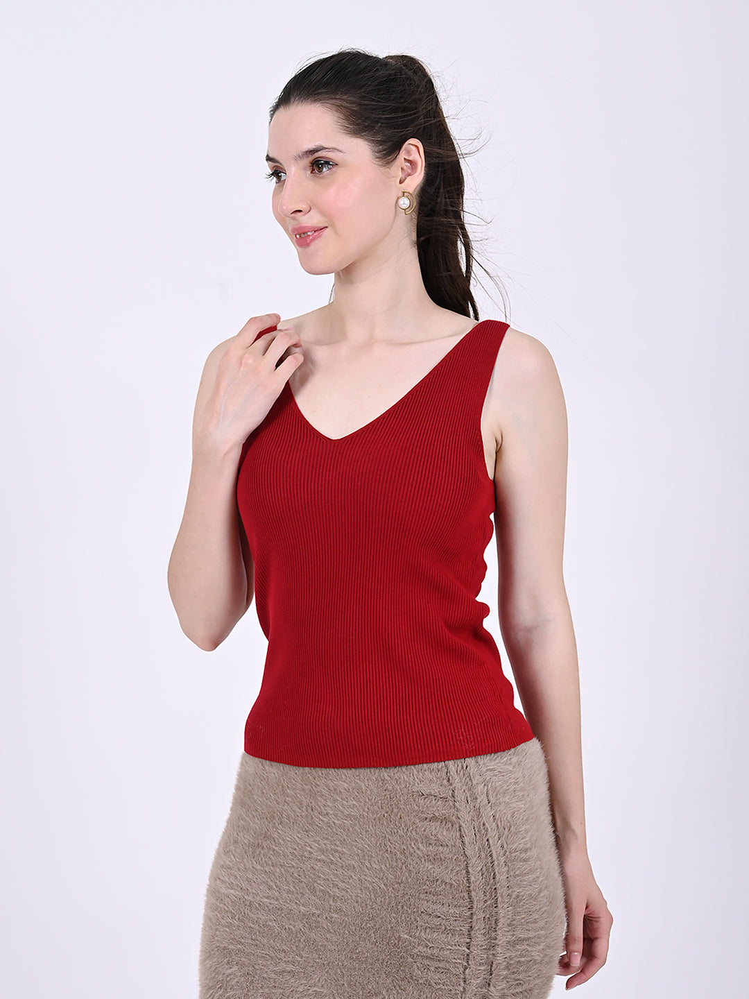 Women Red V-Neck Ribbed Top