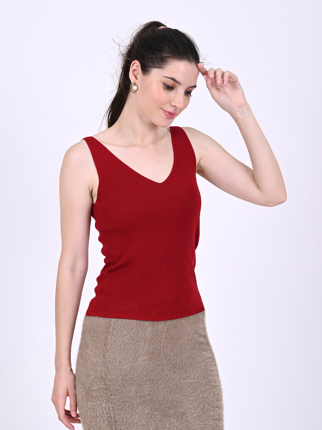 Women Red V-Neck Ribbed Top