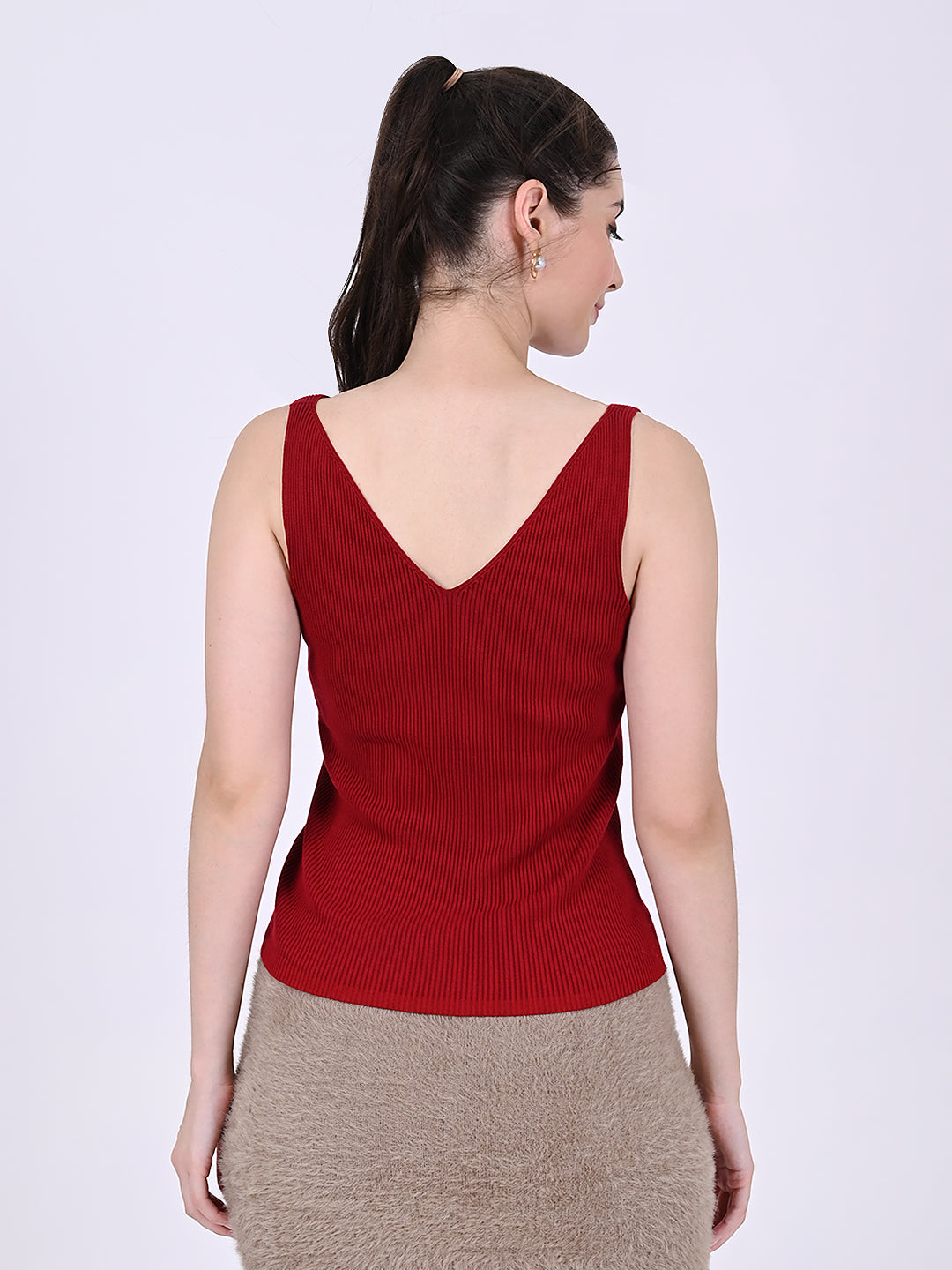 Women Red V-Neck Ribbed Top