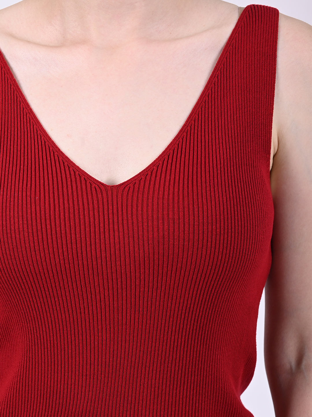 Women Red V-Neck Ribbed Top