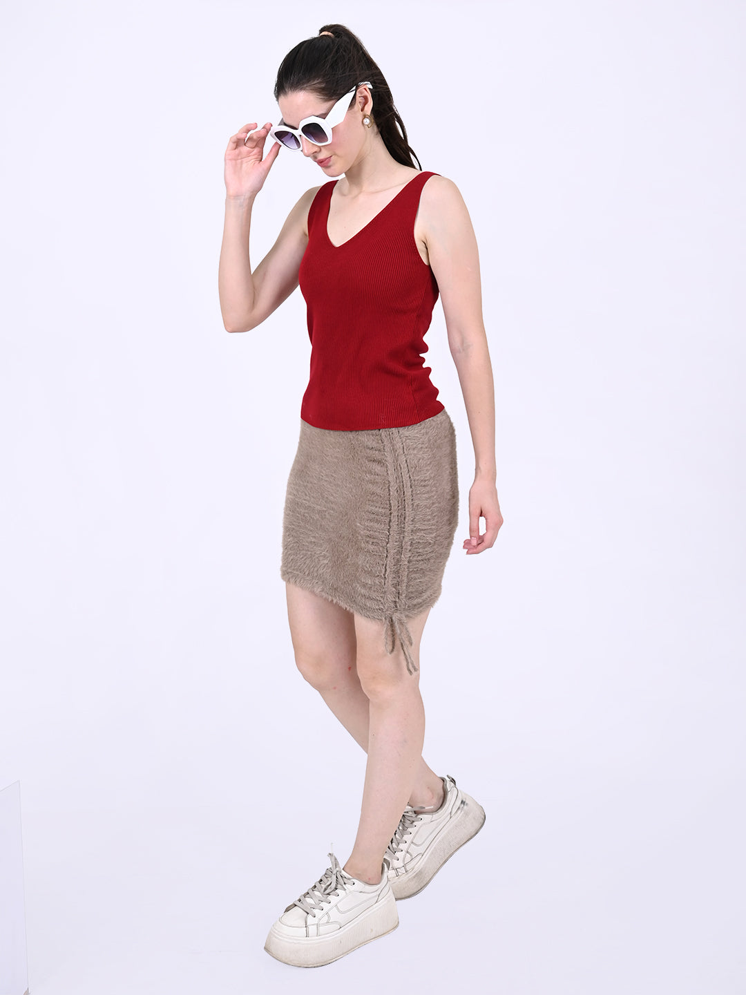 Women Red V-Neck Ribbed Top