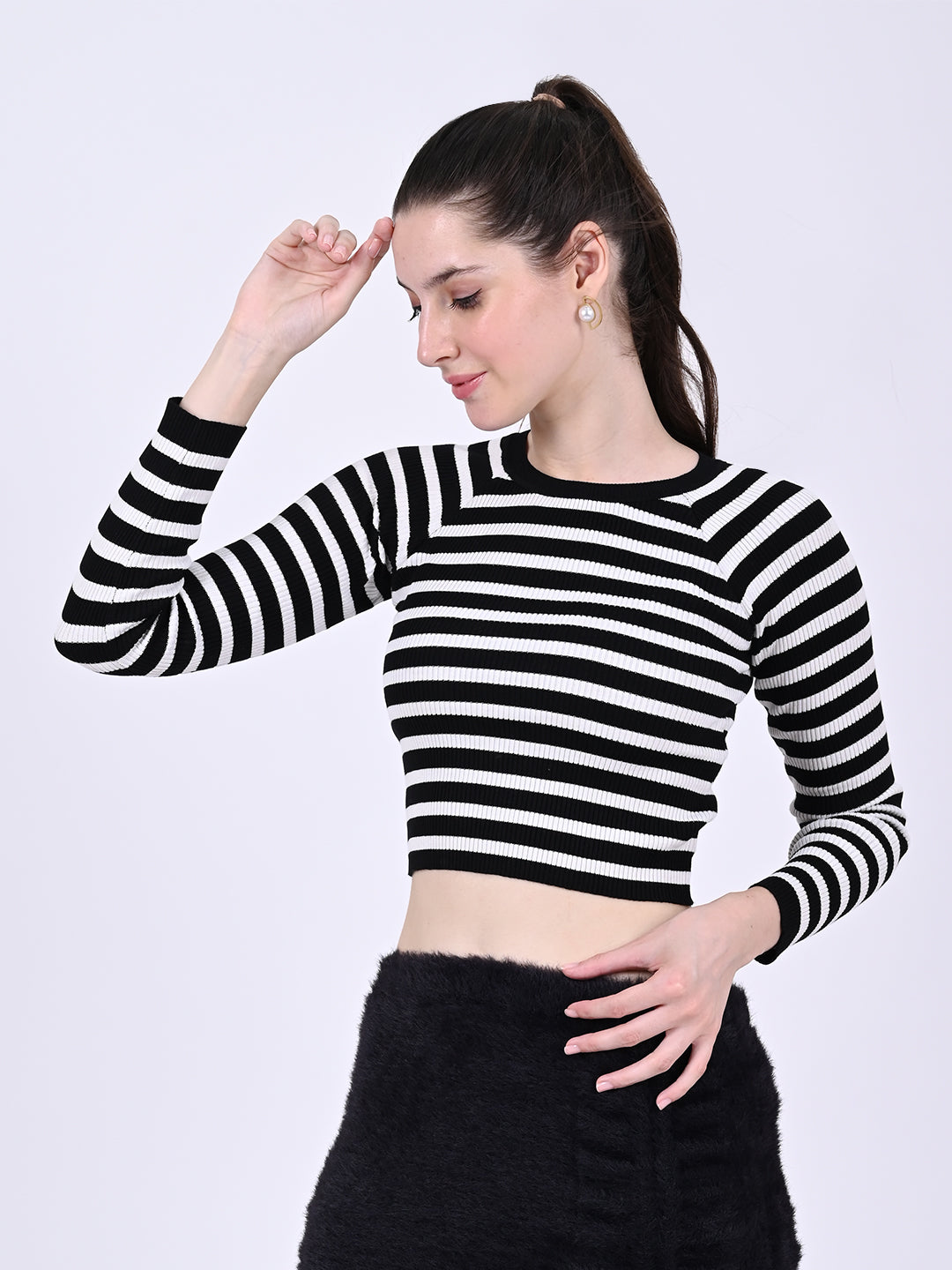 Women Black Striped Crop Top