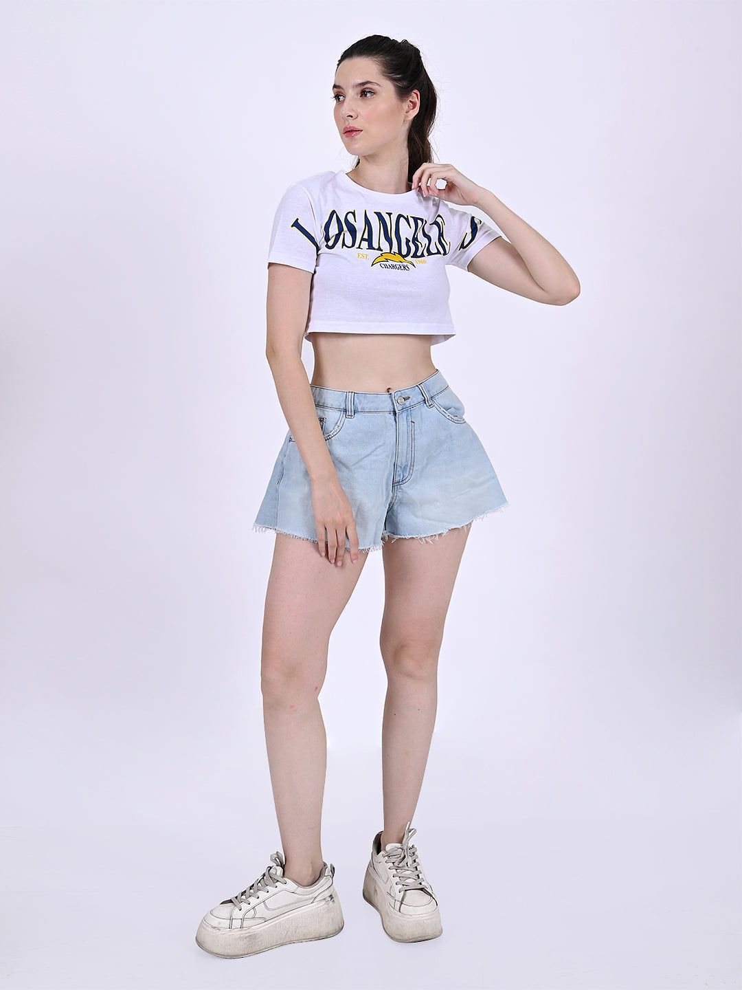 Women White Short Sleeve Crop